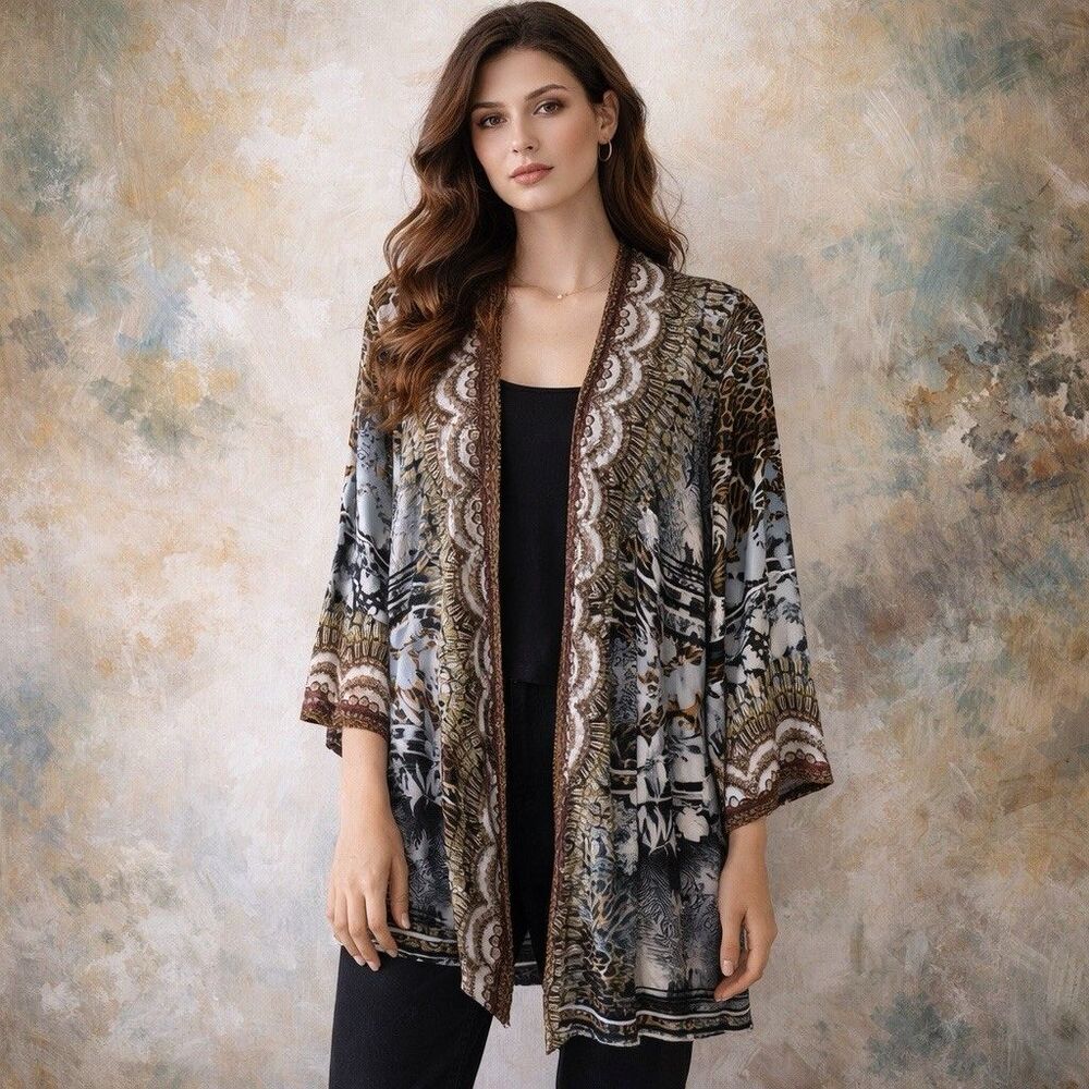 Frime Vintage Women’s Asymmetrical Kimono Art To Wear Hippie Western Boho Sz S/M